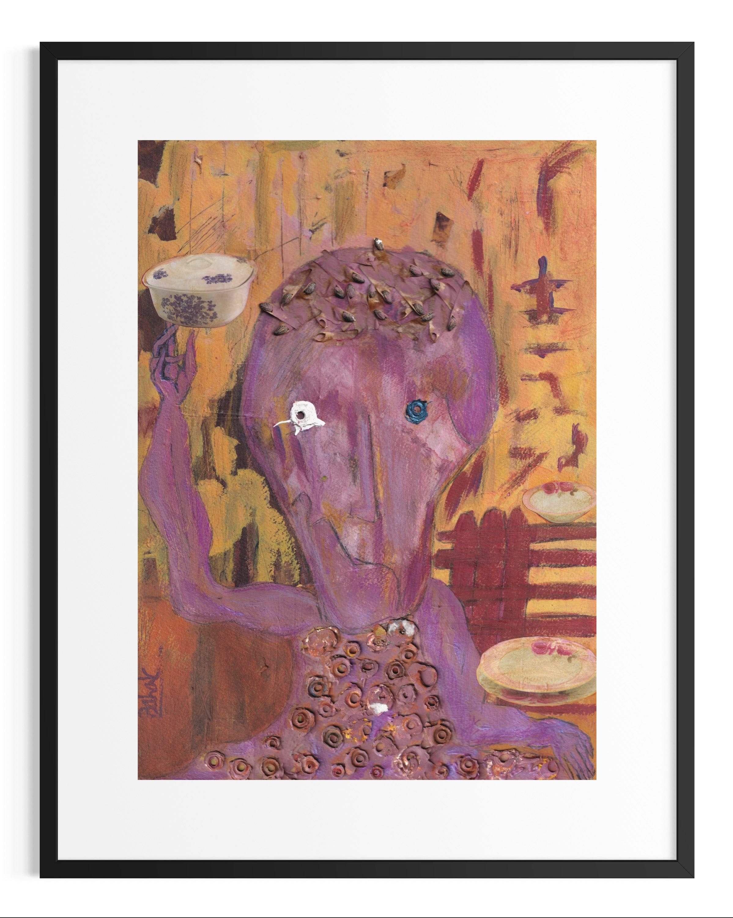 Framed artwork of a stylized figure with a purple head and yellow background